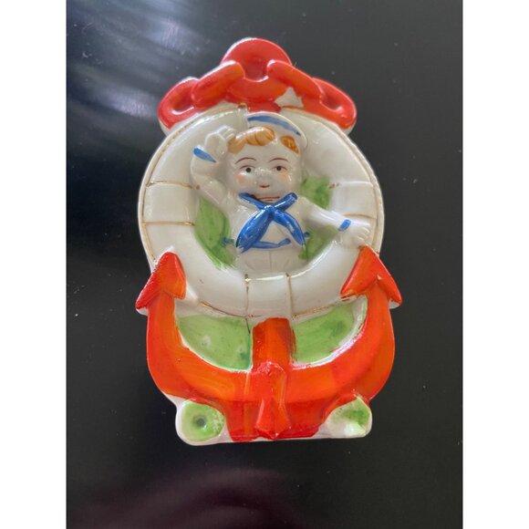 Wall Pocket Sailor boy in Blue and White China Bright Red Anchor - Picture 1 of 6
